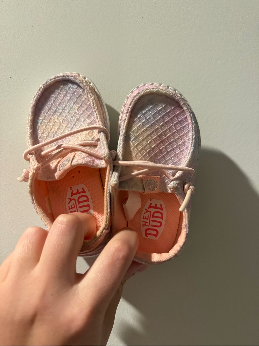 Hey Dude Kids Slip-On Sneakers in Light Pink with Pastel Rainbow